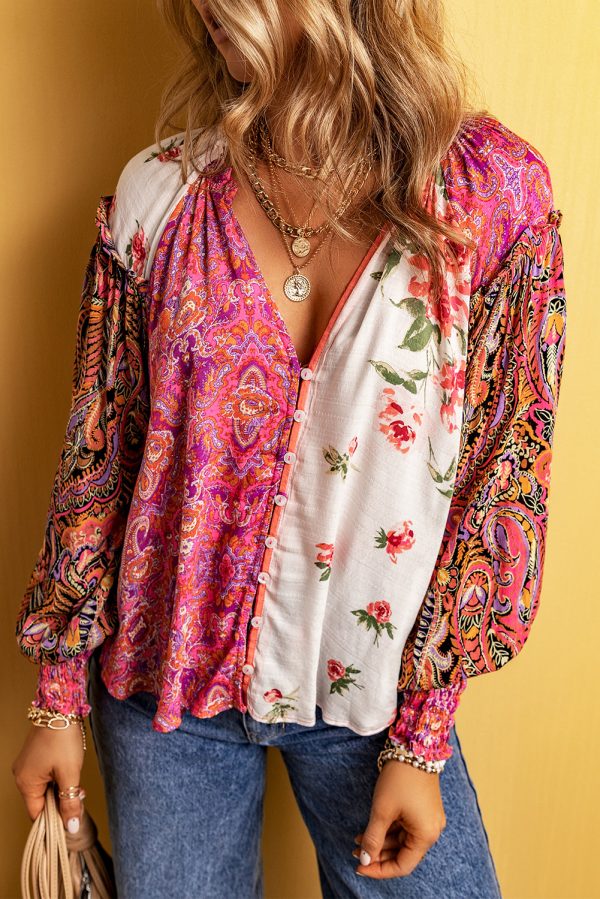 Pink Multicolor Floral Patchwork Shirred Cuffs Buttoned Blouse - Image 3