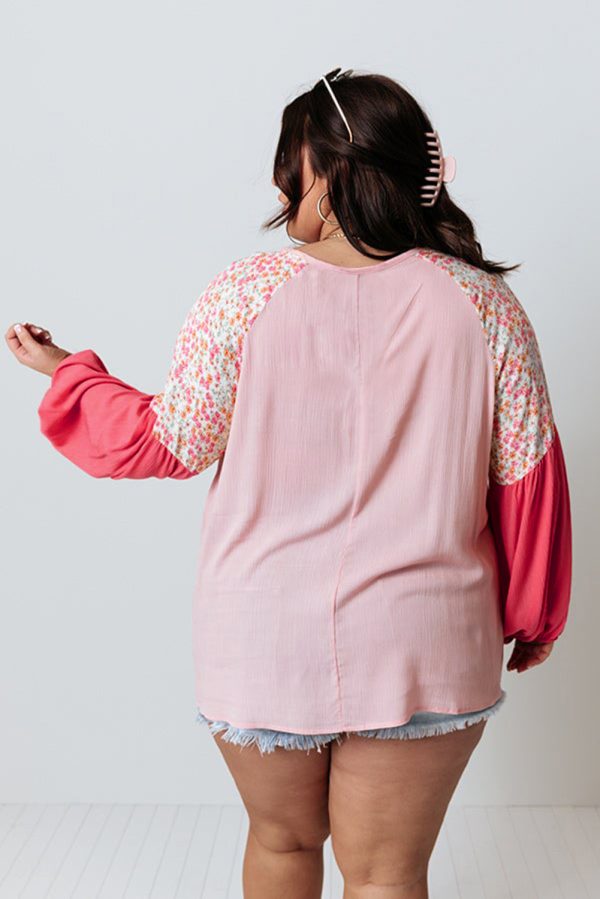 Pink Contrast Floral Patchwork Long Sleeve Plus Size Blouse - Image 2