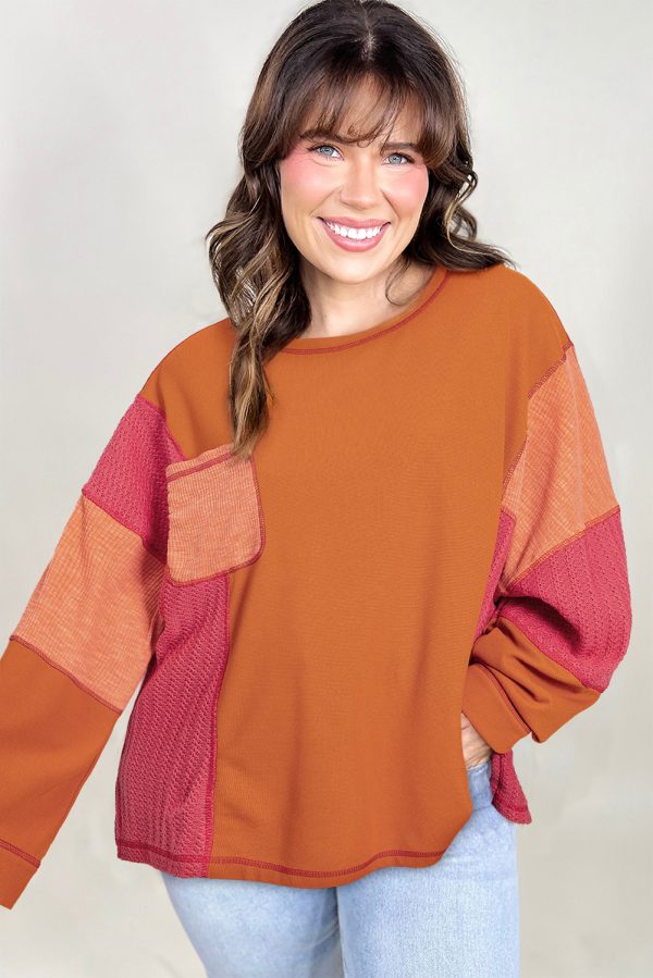 Orange Textured Knit Color Block Patchwork Chest Pocket Plus Size Top - Image 3