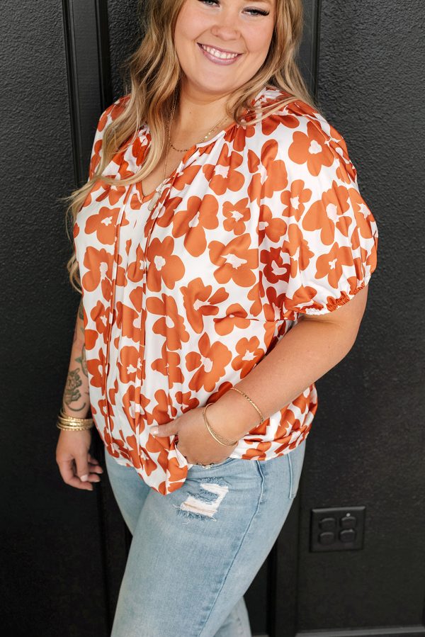 Orange Plus Size Floral Print Drawstring V Neck Short Sleeve Blouse - Image 3