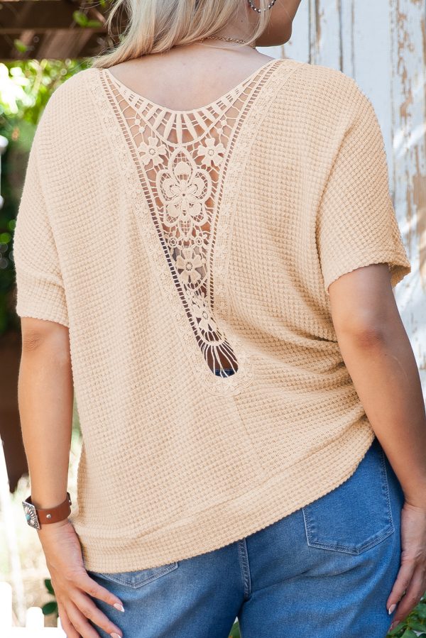 Beige Guipure Lace Insert Textured Plus Size Tee - Image 2