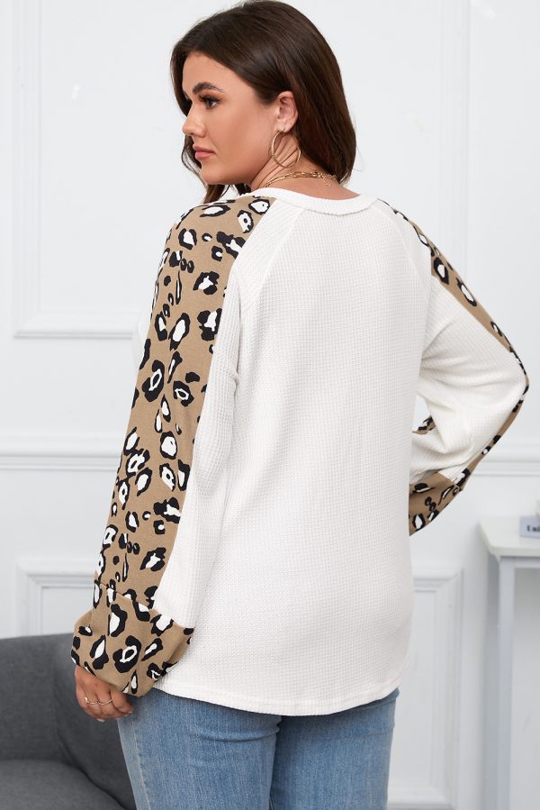 Beige Printed Plus Size Waffle Knit Contrast Leopard Long Sleeve Top - Image 2