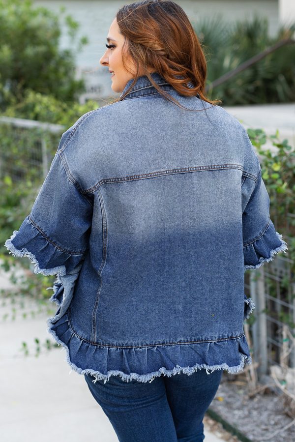 Peacock Blue Ruffled Frayed Short Sleeve Plus Size Denim Jacket - Image 2