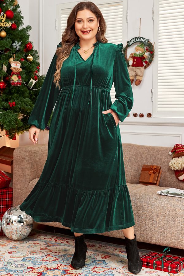 Blackish Green Velvet Frilled up Neck Ruffled High Waist Plus Size Midi Dress - Image 3