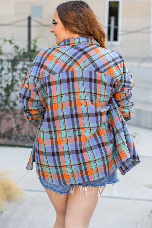 Orange Plus Size Plaid Print Buttoned Shirt - Image 2