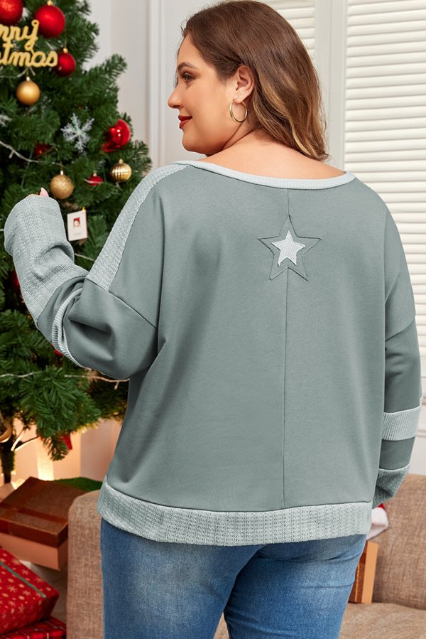 Mist Green Stars Patchwork Round Neck Plus Size T Shirt - Image 2