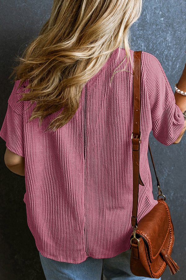 Rose Pink Textured V-Neck Dropped Shoulder Plus T-Shirt - Image 2