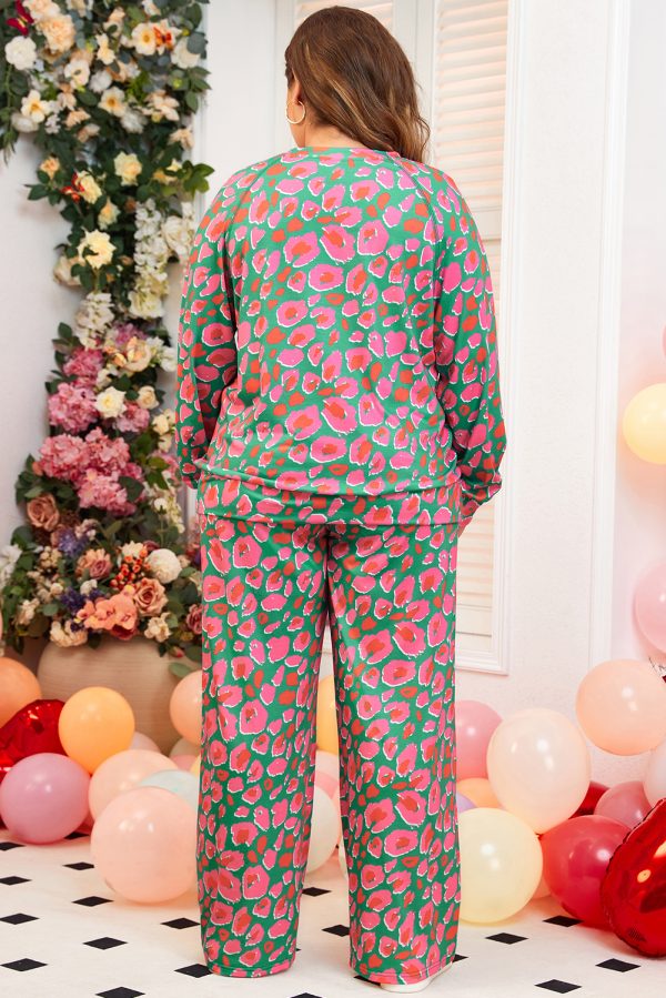 Green Plus Size Printed Long Sleeve and Pants Lounge Set - Image 2