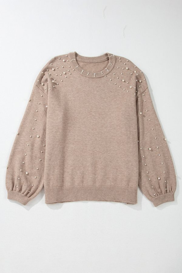 Smoke Gray Pearled Drop Shoulder Plus Size Sweater - Image 3