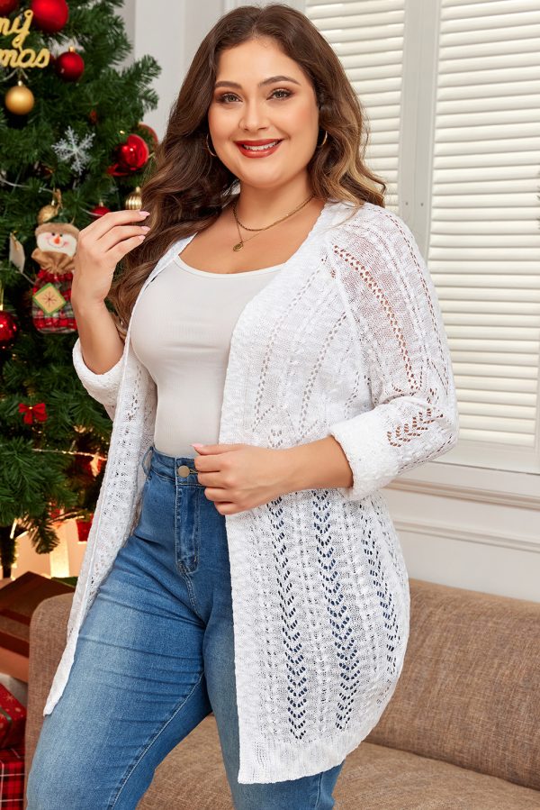 White Plus Size Eyelet Knit Open Front Cardigan - Image 3