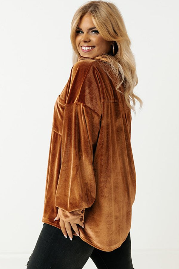 Chestnut Plus Size Velvet Chest Pocket Drop Shoulder Shirt - Image 3