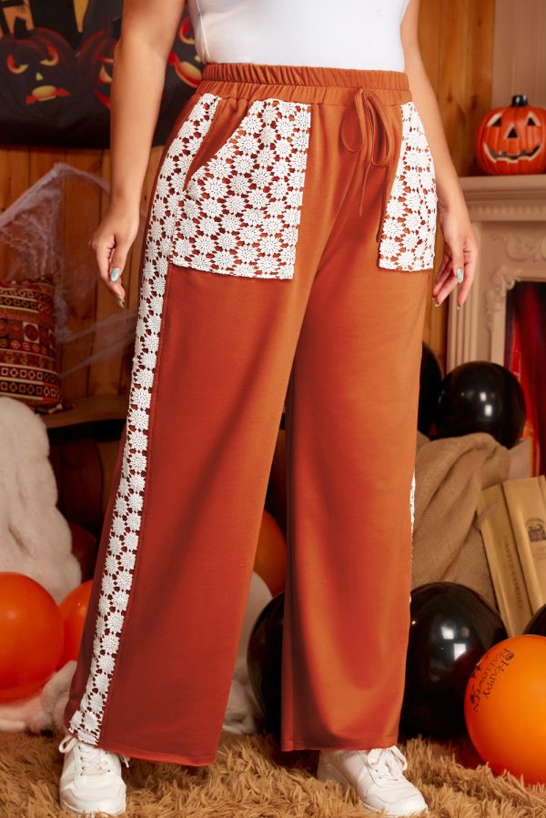 Gold Flame Plus Size Floral Crochet Patch Drawstring Wide Leg Pants - Image 3