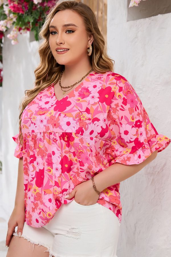 Rose Floral Print Ruffled Half Sleeve Plus Size Babydoll Blouse - Image 3