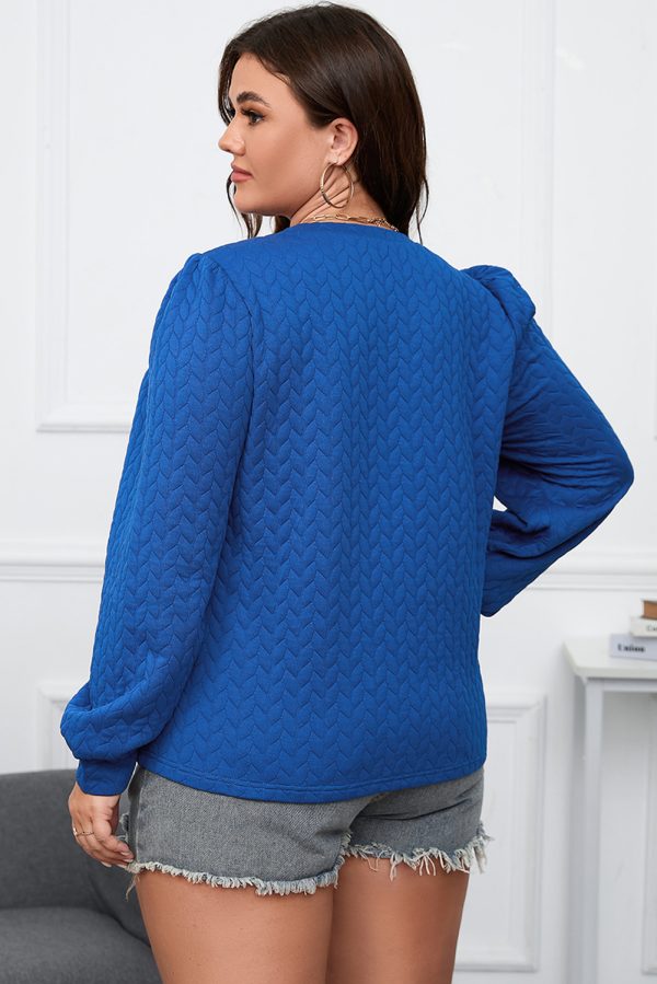 Dark Blue Cable Pattern Puff Sleeve Plus Size Top - Image 2