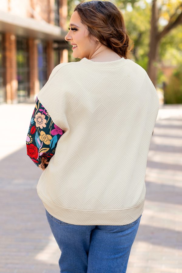 White Floral Patchwork Sleeve Textured Plus Size Pullover Top - Image 2