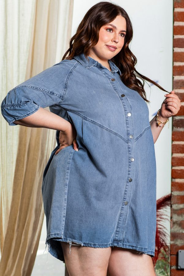 Light Blue Ruffled 3/4 Sleeve Buttoned Front Plus Size Denim Dress - Image 3