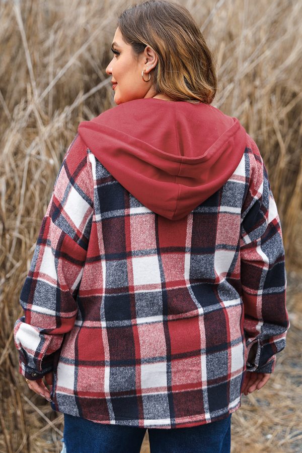 Red Printed Plus Size Plaid Button up Hooded Jacket - Image 2