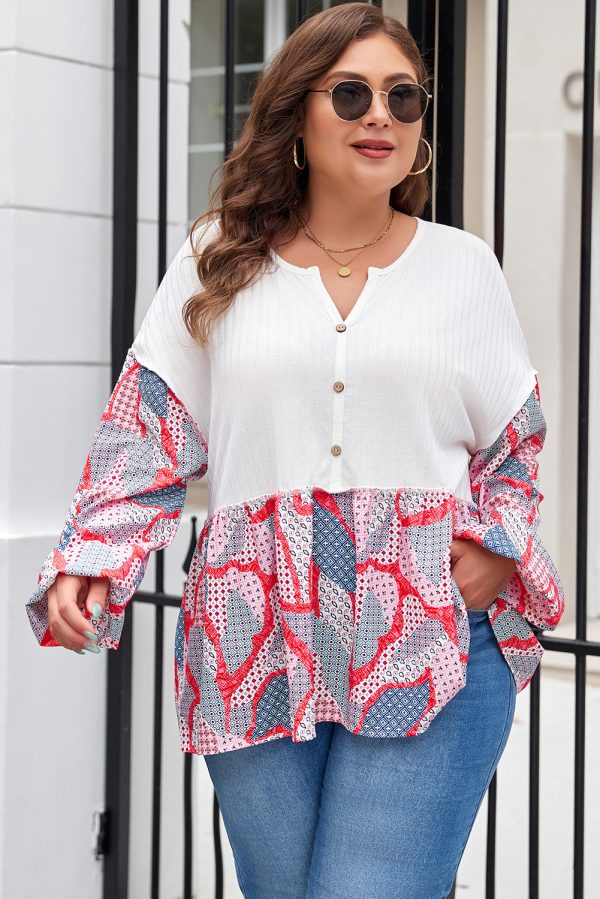 Apricot Plus Size Printed Patchwork Textured Buttoned Blouse - Image 3