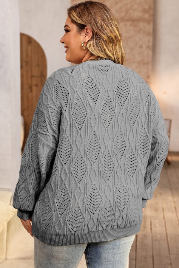 Gray Plus Size Knitted Hollow out Button up Cardigan - Image 2