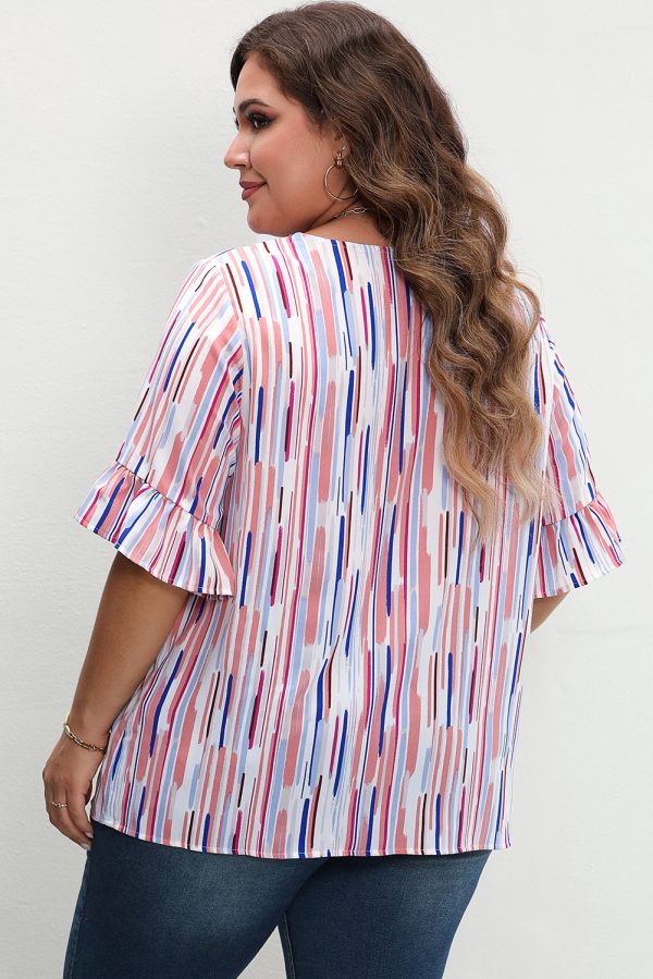 White Stripe Ruffled Short Sleeve Plus Size Blouse - Image 2