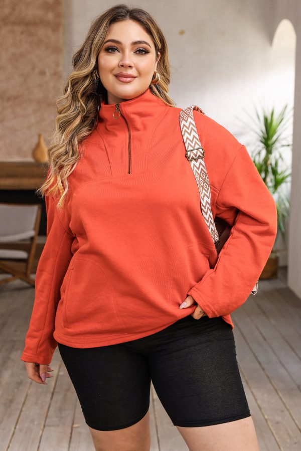 Orange O-ring Zipper Pocketed Plus Size Sweatshirt - Image 3