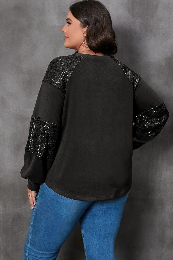 Black Plus Size Sequin Patchwork Crew Neck Long Sleeve Top - Image 2