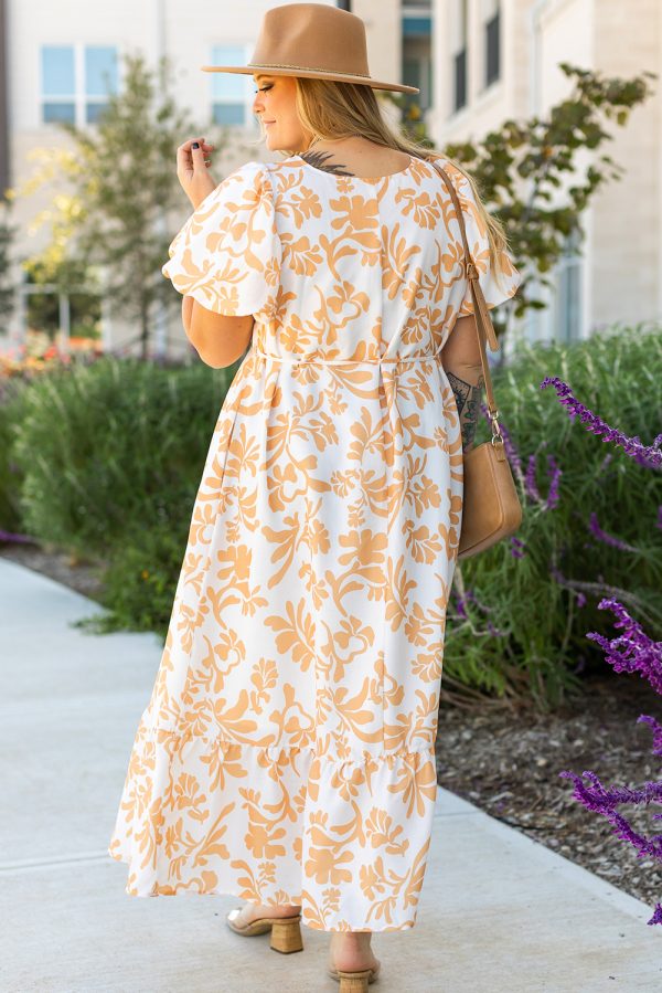 Apricot Floral Print Puff Short Sleeve Resort Plus Size Maxi Dress - Image 2