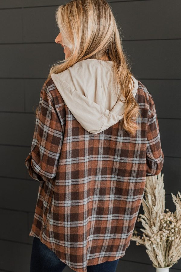 Brown Plus Size Plaid Contrast Button up Hooded Jacket - Image 2