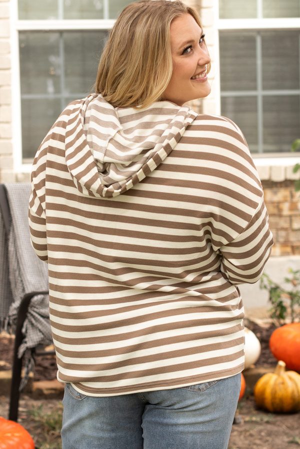 Brown Stripe Quarter Buttons Drop Sleeve Plus Size Hoodie - Image 2