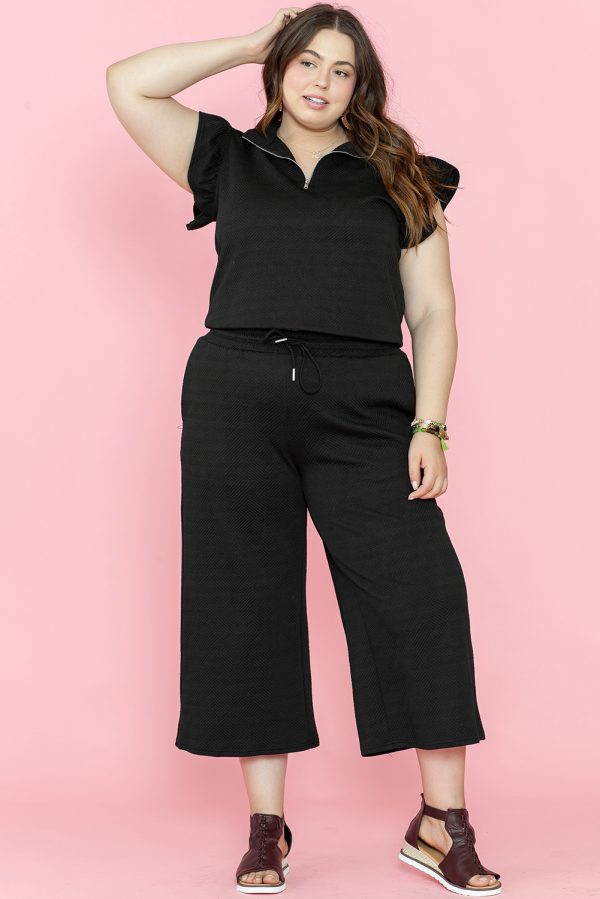 Black Plus Ruffled Sleeve Quarter Zip Top Wide Leg Pants Set - Image 2