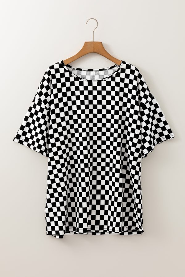 Black Checkered Print Side Slits O Neck Plus Size T Shirt - Image 3