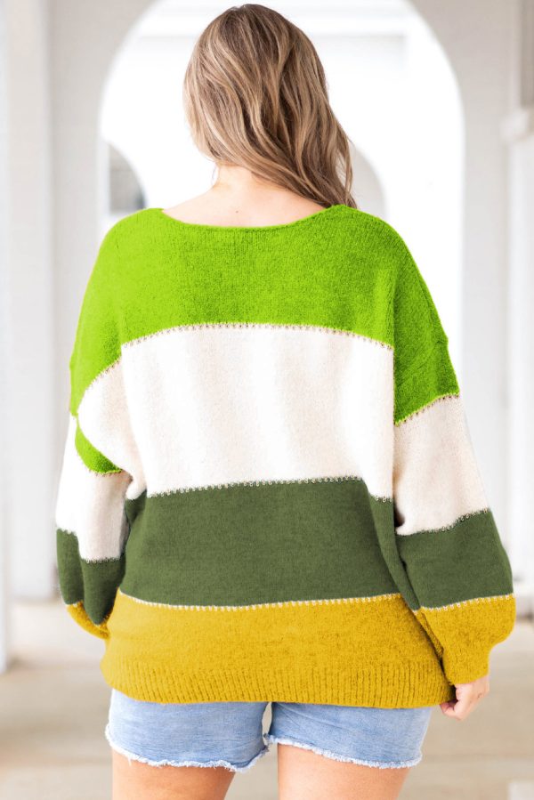 Green Plus Size Color Block Patchwork Sweater - Image 2