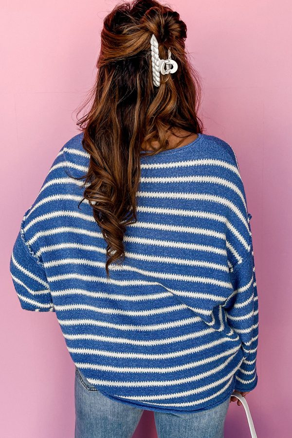 Sky Blue Stripe Drop Shoulder O Neck Plus Size Sweater - Image 2