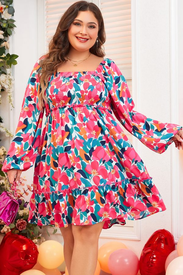 Rose Flower Print Smocked Square Neck Plus Size Dress - Image 3