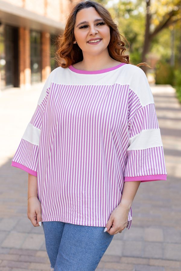 White Stripe Patchwork Bracelet Sleeve Plus Size T Shirt - Image 4