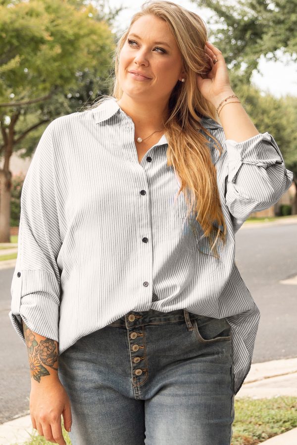 White Stripe Rolled Tab Sleeve Buttoned Plus Size Shirt