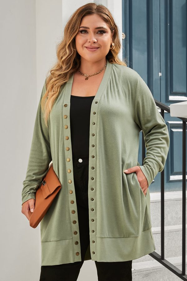 Green Plus Size Snap Buttons Front Knit Cardigan - Image 3