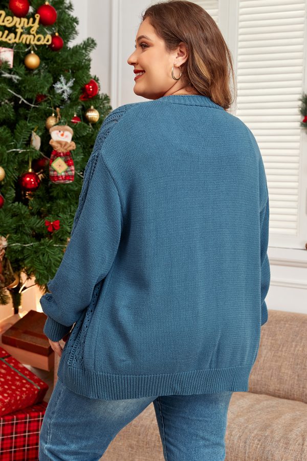 Real Teal Open Knit V Neck Button Front Drop Shoulder Plus Size Cardigan - Image 2