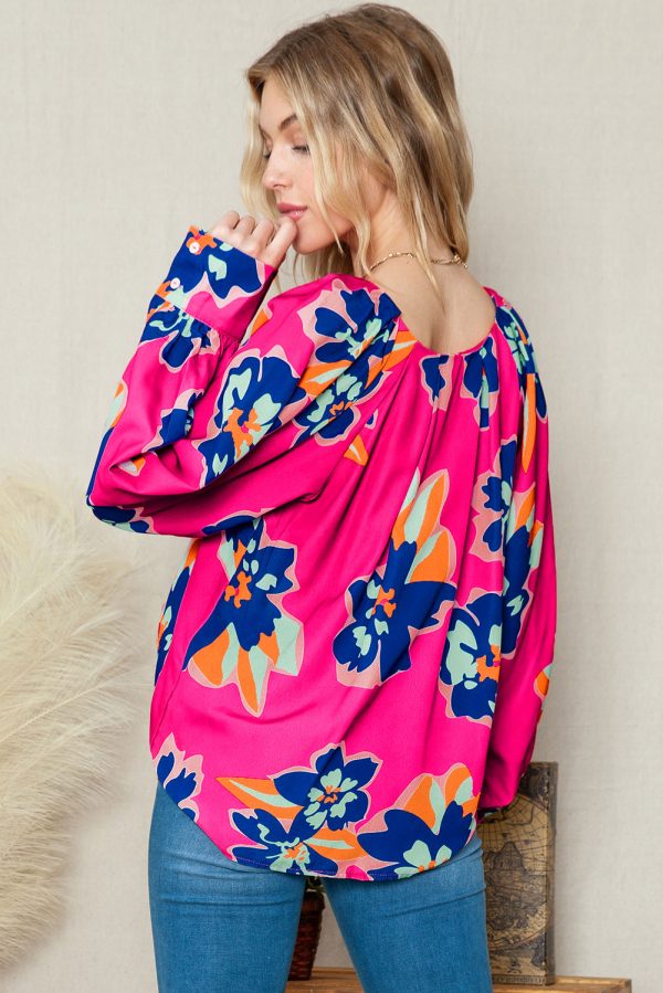 Rose Floral Pattern V Neck Balloon Sleeve Plus Size Blouse - Image 2