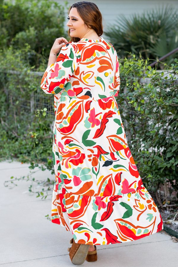 Orange Floral Print Drawstring V Neck Tiered Plus Size Dress - Image 2