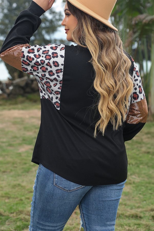 Black Leopard Sequin Patch Plus Size Long Sleeve Top - Image 2