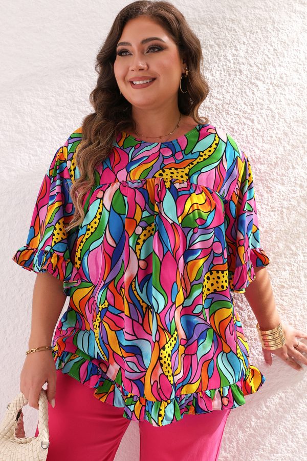 Rose Abstract Print Plus Size Frilly Trim Blouse - Image 3