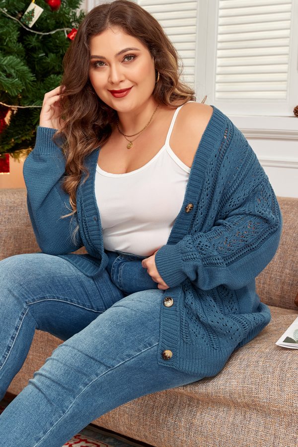 Real Teal Open Knit V Neck Button Front Drop Shoulder Plus Size Cardigan - Image 3