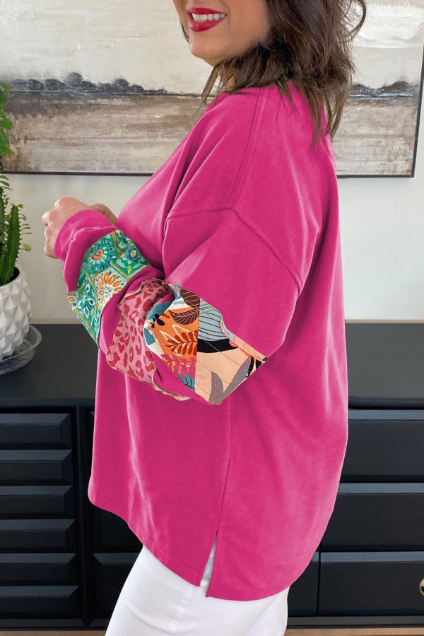 Rose Red Plus Size Printed Patchwork Sleeve Split Sweatshirt - Image 3