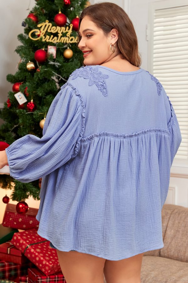 Beau Blue Plus Size Crochet Bracelet Sleeve Babydoll Blouse - Image 2