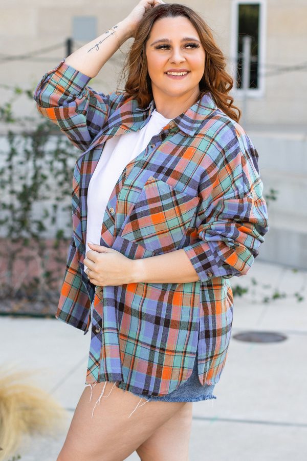 Orange Plus Size Plaid Print Buttoned Shirt - Image 3