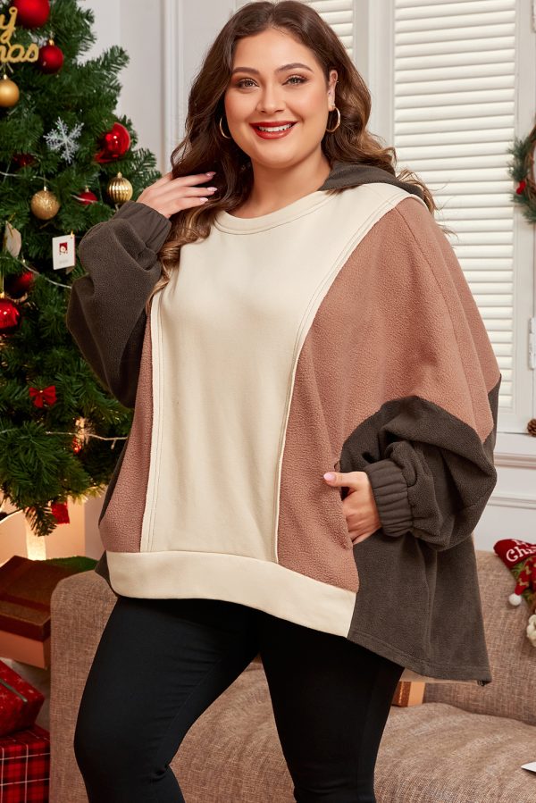 Brown Exposed Seam Colorblock Plus Size Hoodie - Image 3