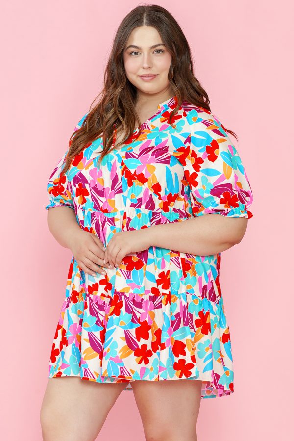 Multicolour Floral Tiered V Neck Plus Dress - Image 3