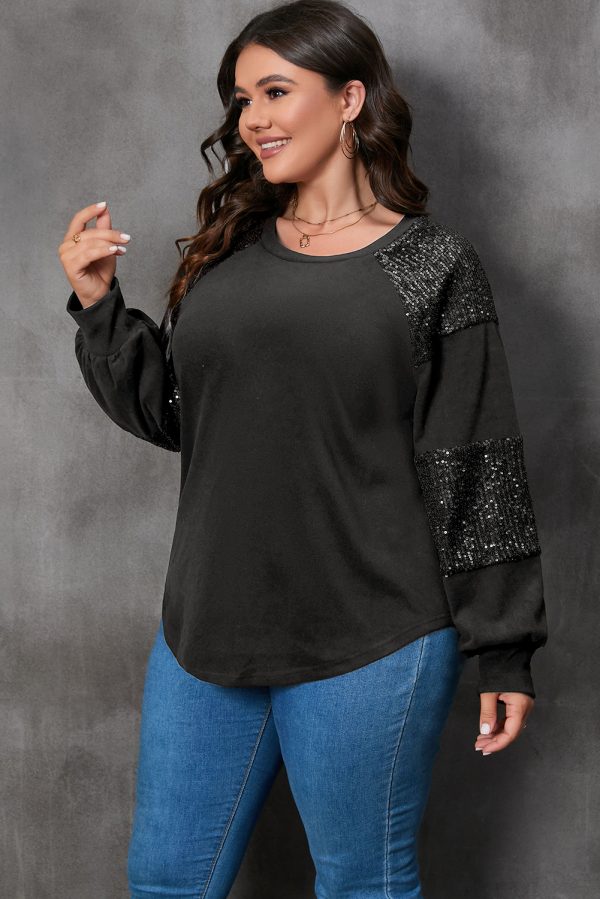 Black Plus Size Sequin Patchwork Crew Neck Long Sleeve Top - Image 3