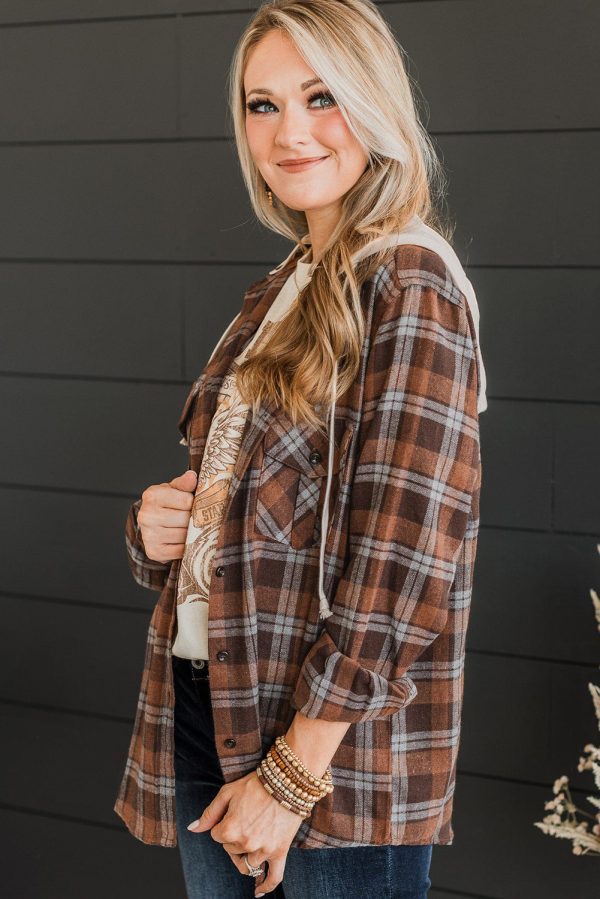 Brown Plus Size Plaid Contrast Button up Hooded Jacket - Image 3